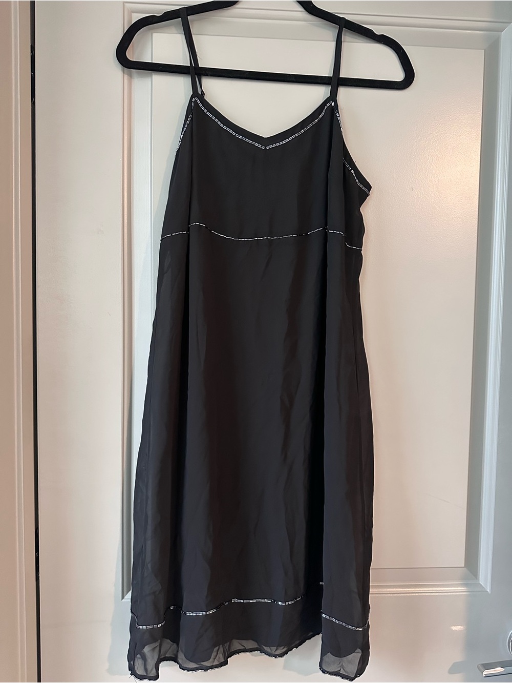 Black Spaghetti-Strap Midi Dress with Silver Trim